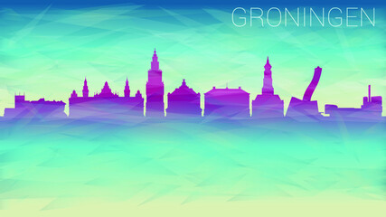 Groningen Netherlands Skyline City vector Silhouette. Broken Glass Abstract Geometric Dynamic Textured. Banner Background. Colorful Shape Composition.