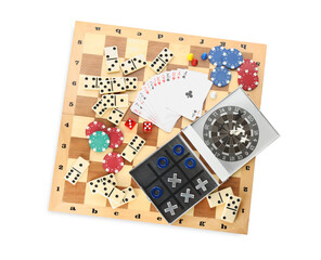 Elements of different board games on white background, top view