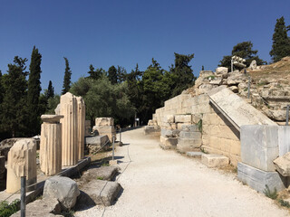General view of the remains of the Theatre of Dionysus, an ancient Greek theatre in Athens. It is built on the south slope of the Acropolis, originally part of the sanctuary of Dionysus Eleuthereus.