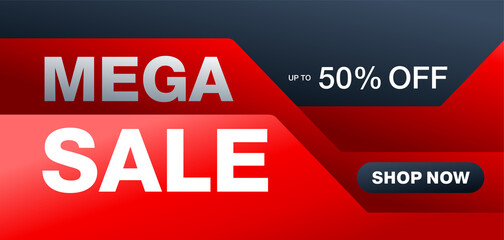 Mega Sale 50 percents off, Shop Now. Red banner