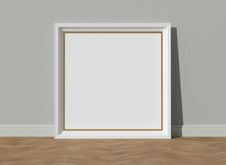 Wooden white frames on wooden floor with a painted wall. 3D render vertical wooden frame mock up. Oak parquet. Empty interior. 3D illustrations. 3D design interior. Template for business.