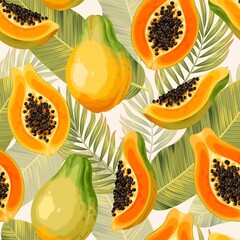 Vector seamless pattern with papaya and palm leaf - obrazy, fototapety, plakaty