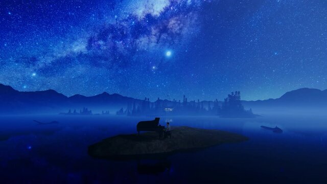 Piano performing on a isolated island surrounded by water and mountains against starry sky, tilt 4K
