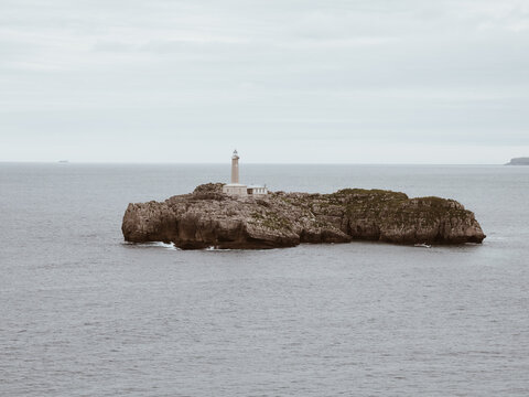 Mouro Island Lighthouse or Faro De La Isla De Mouro in Santander city, Cantabria, Spain