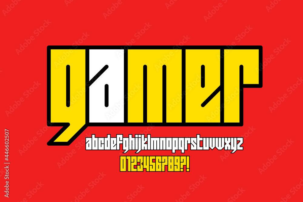 Fototapete computer game style lowercase font design, alphabet letters and numbers vector illustration