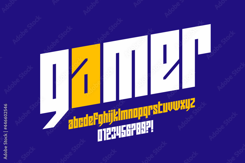 Fototapete computer game style lowercase font design, alphabet letters and numbers vector illustration