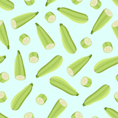 Seamless Pattern Zucchini whole and cut. Vector illustration of vegetables, a set of harvest courgette.