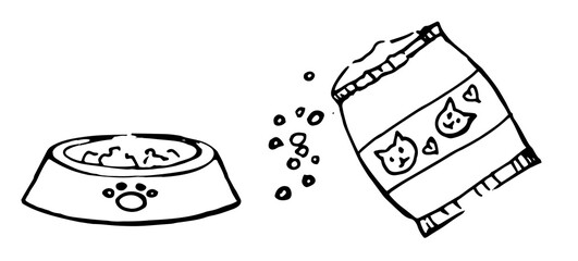 cat food and a bowl drawn with a black outline, isolated on a white background. cat accessories in the doodle style