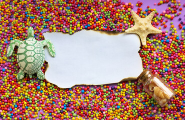 Blank note with starfish, turtle, seashell bottle flatly. Vintage old paper page with burnt edges. Bright foam multi-colored balls on a purple background. White frame with space for text, letter. Kids