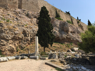 General view of the remains of the Acropolis of Athens, an ancient citadel located on a rocky outcrop above the city of Athens. It contains the remains of several ancient buildings.