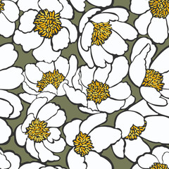 Seamless pattern with abstract minimalistic flowers. .White peonies