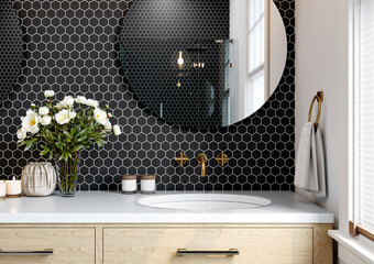 Interior of a modern bathroom with a wall with a hexagonal mosaic of black shades. Round mirrors and washbasin on a white shelf. 3d rendering.