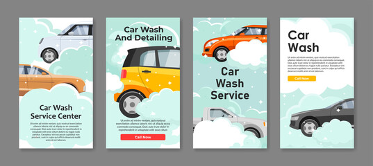 Collection car wash service vertical landing page stories vector internet advertising user interface
