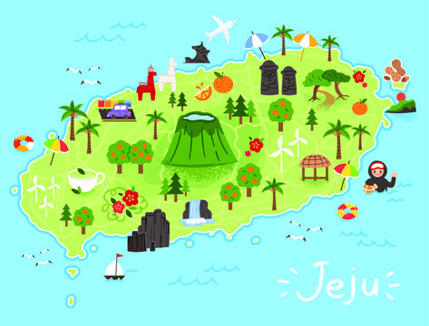 A map of Jeju Island's tourist attractions and routes. Haenyeo, Hallasan, beach, arboretum, famous places, and famous food are displayed.