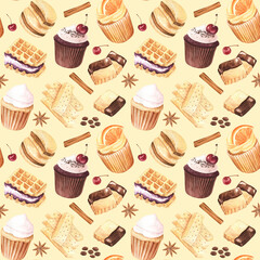 Warm and sweet seamless pattern with cupcakes, cookies and spices on light yellow background. Watercolor hand drawn elements. Delicious artwork for cafe design, stationery and other cute goods' decor.