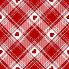 Heart tartan check plaid pattern in red and white for Valentines Day print. Seamless ombre buffalo check for tablecloth, flannel shirt, picnic blanket, other spring summer autumn winter fabric design.