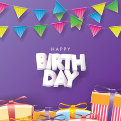 Happy Birthday with Flags and Gift boxes on Purple background. 3D sign, greeting, congratulations design