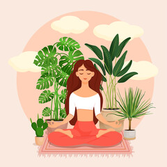 Beautiful brunette girl in a lotus pose surrounded by plants. Vector illustration of a meditating woman at home. Harmony and balance. Crossed legs. Girl in the interior.