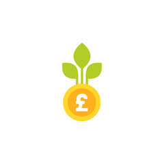 Golden pound sterling coin and growing sprouts with green leaves. vector icon.