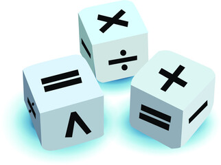 Dice vector illustration with math symbols on white background.