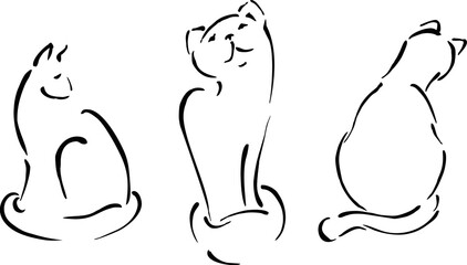Silhouettes of cats are linear, dashed. Drawings of cute animals. Vector sketch, mock up, veterinary clinic logo, sign. Day of the cat.