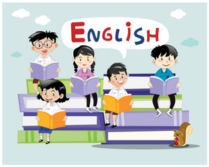 vector illustration children reading english books on a blue background