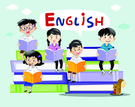 vector illustration children reading english books on a blue background