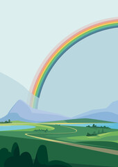 Landscape with mountains and rainbow. Natural scenery in vertical orientation.