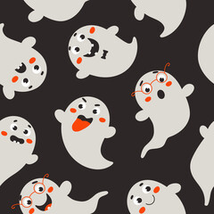 Halloween seamless pattern with funny white ghosts on a black background. Festive vector texture for wallpaper, packaging, banners.