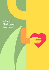 Obraz premium Love nature, hands hug the tree and hold the heart. Simple Background Vector Illustration Flat Style. Suitable for poster, cover, web, social banner, or flyer