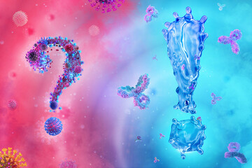 Vaccine against mutated coronavirus SARS-CoV-2 flu disease pandemic. Solution to fight coronavirus covid-19 Delta variant, B.1.617.2 mutation virus cell. Strain of corona virus disease 2019-ncov, 3D