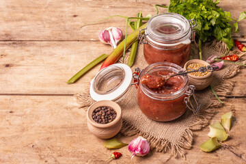 Chutney from rhubarb. Set of ingredients and spices for cooking