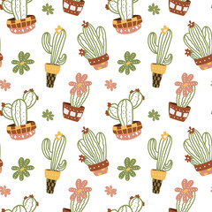 Seamless pattern with cacti in flower pots and flowers in boho style. Stylish pattern for textiles and wallpaper. Vector image.
