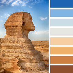 Egyptian Sphinx with blue sky. Famous tourist destination in Giza, Cairo, Egypt. Colour palette...