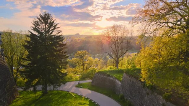 An aerial view of the beautiful city of Kronach on sunset