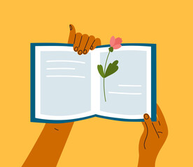 Reading book vector illustration. Summer time relaxing, spending leisure. Human hands holding open book with flower bookmark. Enjoying pages of poetry. Read books lover. Literacy day, literary club - obrazy, fototapety, plakaty
