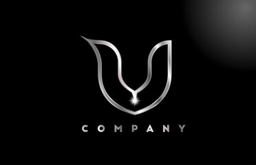 V grey metallic alphabet letter logo for business template. Professional metal icon design for identity and lettering