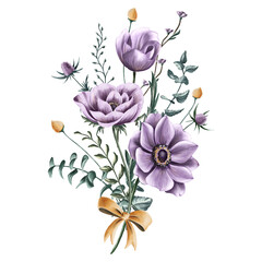Digital elegant flower bouquet. Purple anemones, tiny yellow and purple blossoms, elegant twigs, green and blue eucalyptus and other leaves. Elegant hand painting for wedding invitations, postcards