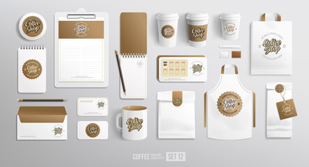 Branding Mockup set of coffee beverage package for Restaurant and Cafe. Corporate identity mockup. Coffee food package. Realistic vector MockUp business stationery items elements for coffee shop cafe