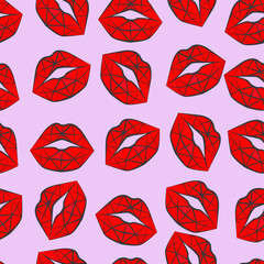 Seamless drawing of beautiful lips with red lipstick. Vector illustration of lips. An idea for fashion illustrations, a background for Valentine's day, magazines, fashion, advertising.