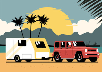 SUV car and trailer caravan on background of abstract tropical landscape. Vector flat style illustration.