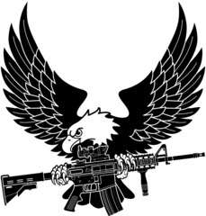 bald eagle holding american m4 assault rifle in claws - obrazy, fototapety, plakaty