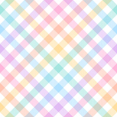 Gingham check plaid pattern for Easter design. Seamless pastel multicolored vichy tartan graphic vector in purple, blue, pink, orange, yellow, green, white for tablecloth, picnic blanket, other print.