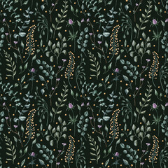Digital floral seamless pattern. Purple and yellow flowers and green leaves on the dark background. Endless background with beautiful gentle flowers. Ideal for wrapping paper, wedding invitations © Anna Banani