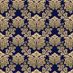 Wallpaper baroque, damask. Seamless vector background. Gold and dark blue ornament. Floral pattern