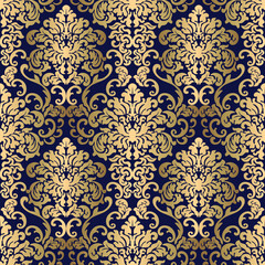 Golden seamless damask pattern on blue background in vector 