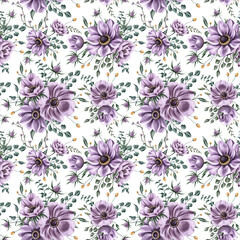 Digital floral seamless pattern. Purple anemones and green leaves on the white background. Endless background with beautiful gentle flowers. Ideal for wrapping paper, wedding invitations, scrapbooking