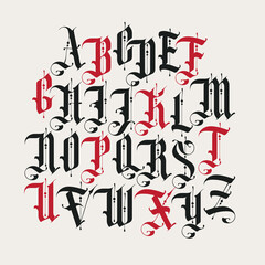 Full set of capital letters of the English alphabet in vintage style. Gothic font. Medieval Latin letters. Vector calligraphy and lettering. Suitable for tattoo, label, headline, poster, monogram