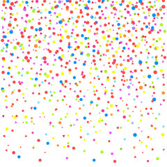 Colored pattern with random falling multicolored confetti on white background. Texture with glitters for design. Greeting cards