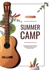 Promo flyer with guitar. Camping, campsite, traveling, musical instrument, guitarist, entertainment, leisure concept. A4 vector illustration for poster, banner, flyer, advertising, cover.